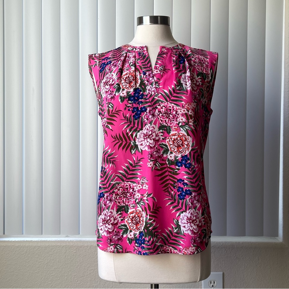 Size 6 J. Crew Pink Floral Print Sleeveless V Neck Blouse Top Womens Bac…